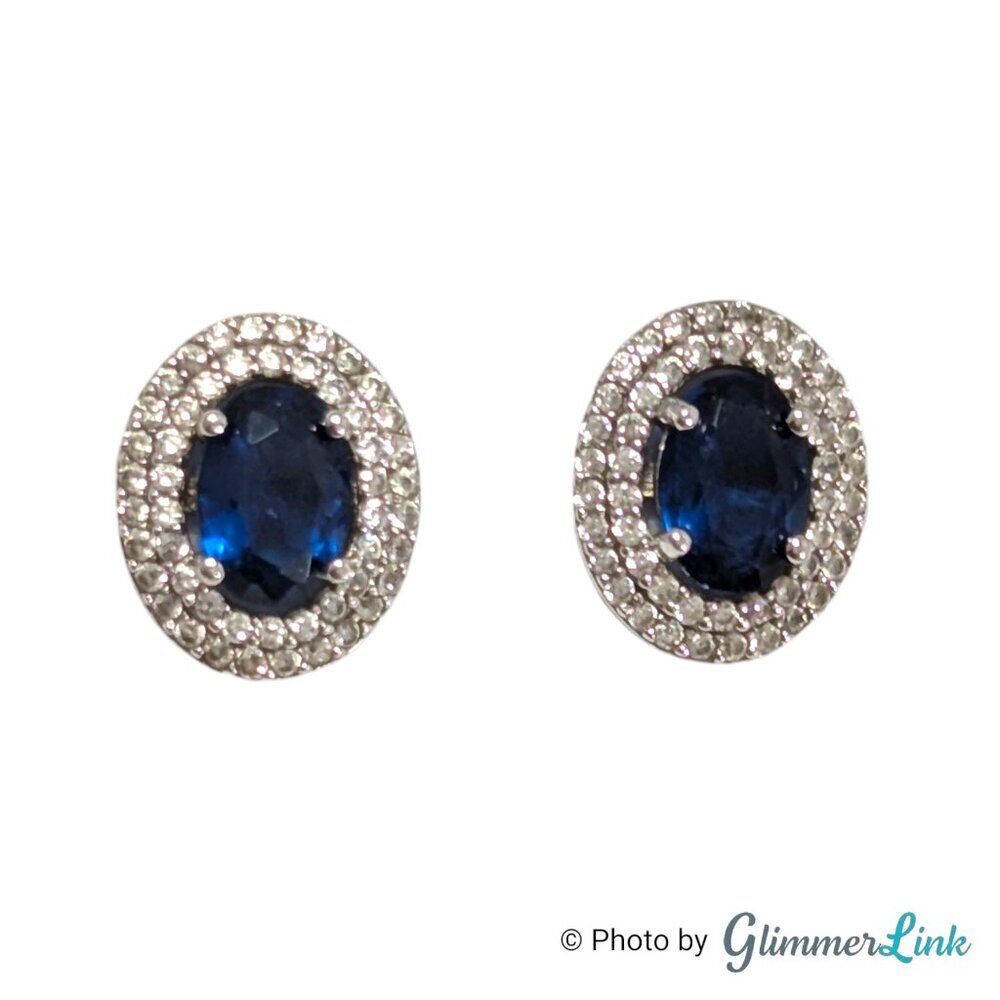 EJI 925 Sterling Silver Oval Blue Center Stone Double Halo Earrings